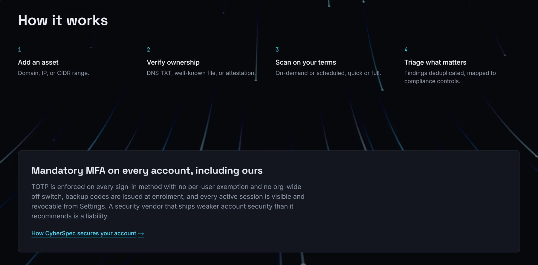 CyberSpec four-step workflow and mandatory MFA section